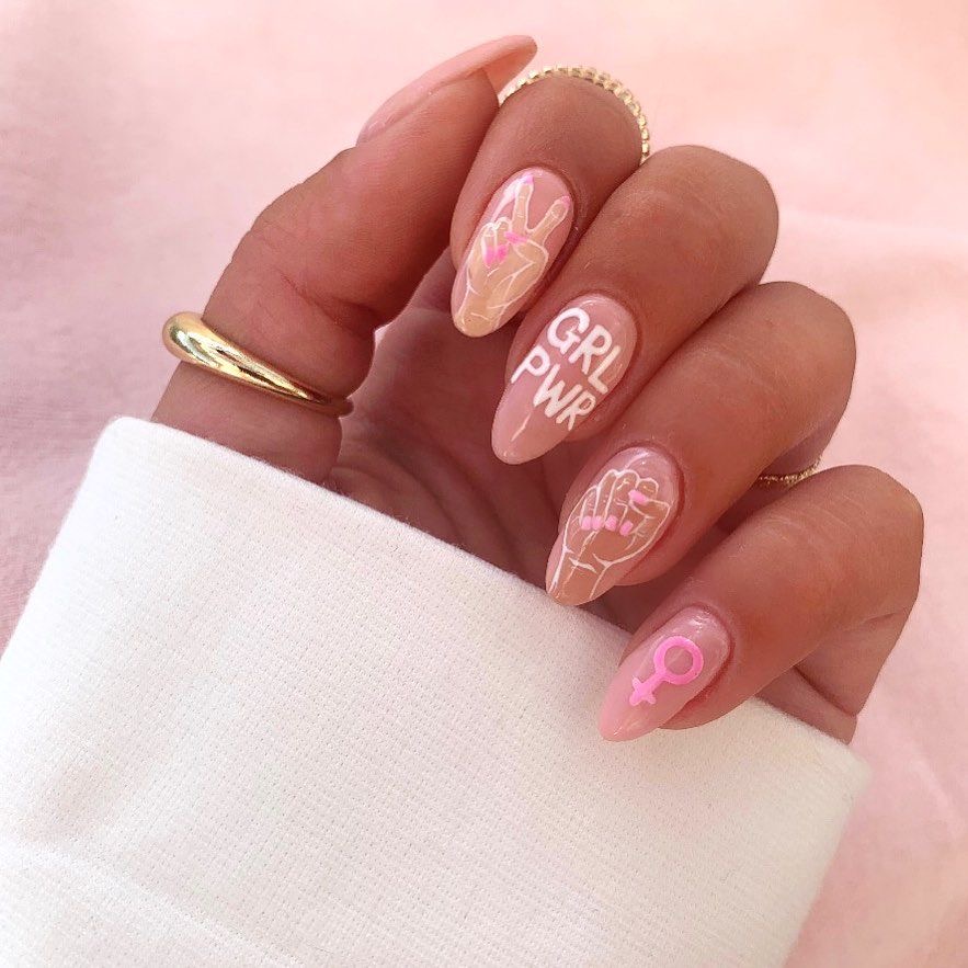Pink and white women’s day nail art design-18