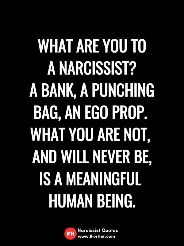 What are you to a narcissist? A bank, a punching bag, an ego prop.  What you are not,  and will never be, is a meaningful  human being.-narcissist quotes iforher